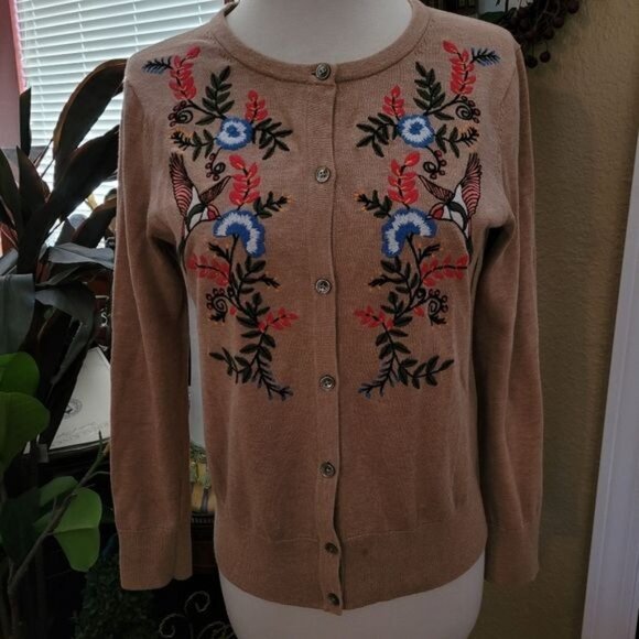 Cardigan Sweater Brown  Embroidered XS Birds Floral XS Rockabilly Pin Up retro - Picture 1 of 7